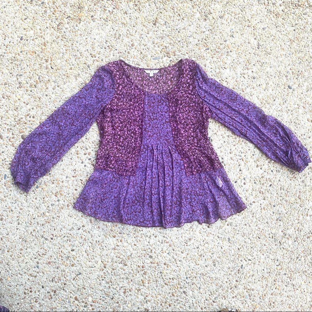 Cabi 823 100% Silk Purple Sonnet Semi Sheer Floral Blouse Size M